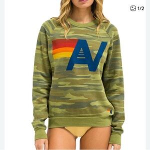 Aviator Nation Green Camouflage Sweater with Rainbow Logo